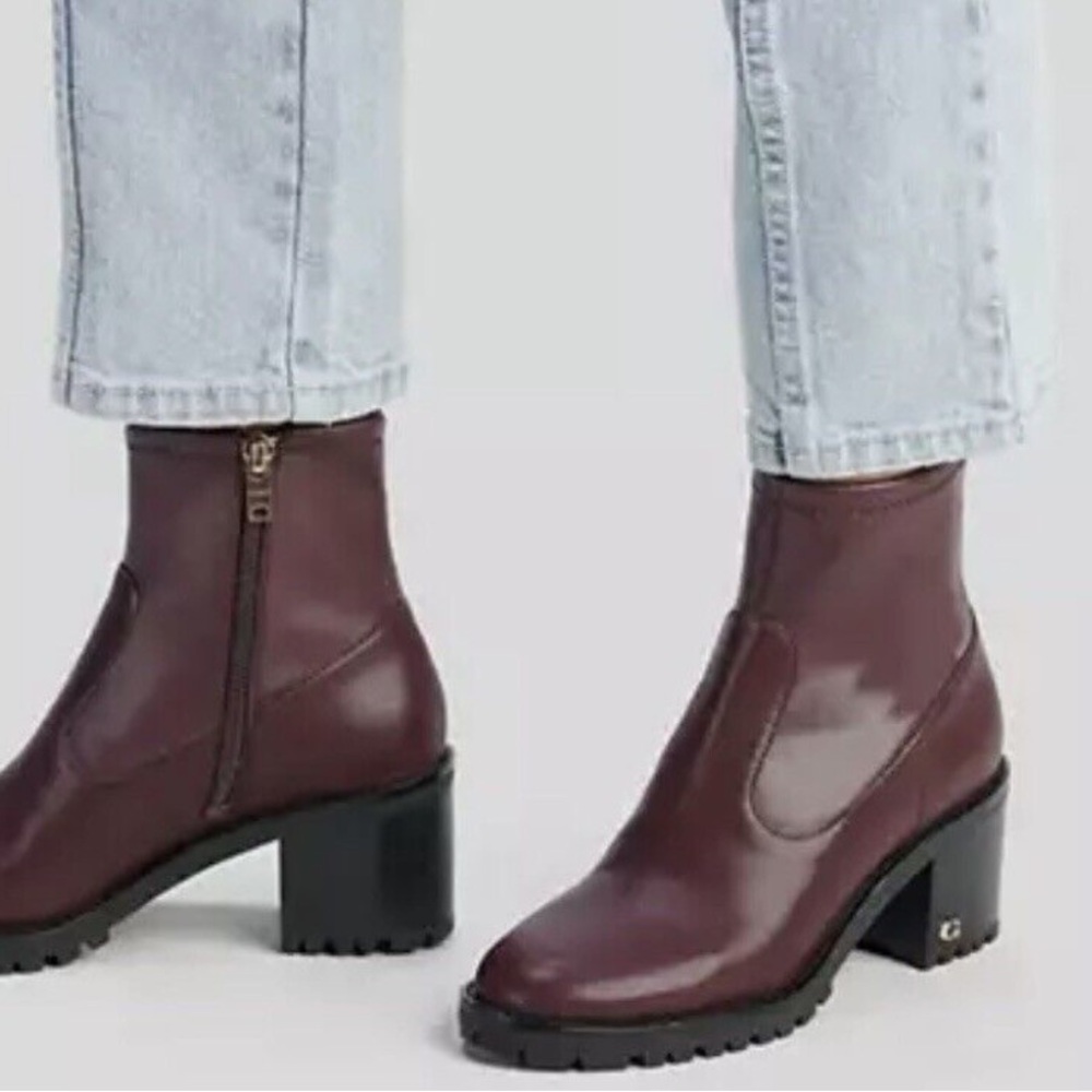 Coach Women's Burgundy Leather Chunky Heel Ankle Boots